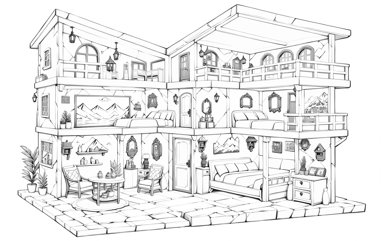 Isometric luxury mountain cabin diorama with interior view
