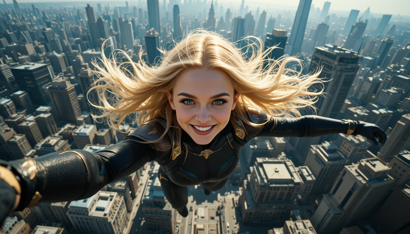 Fröhliche blonde Superheldin über einer modernen Stadt