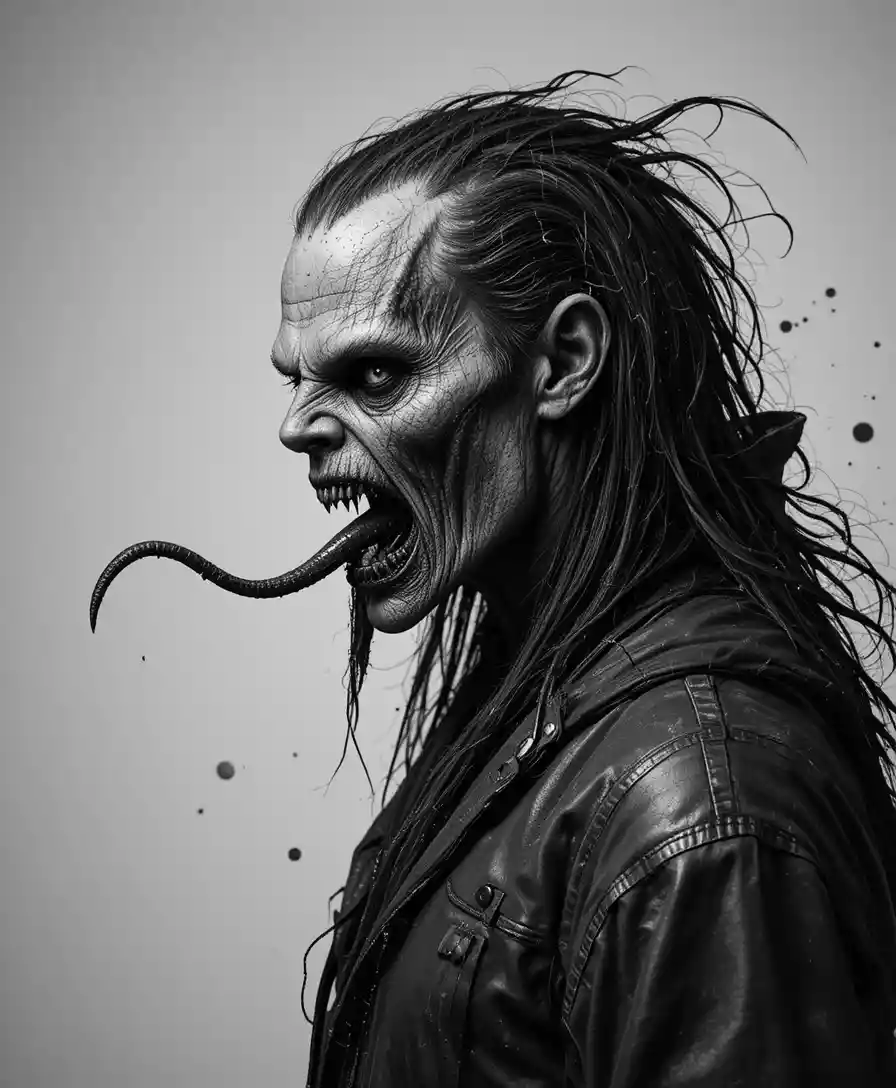 Ritratto di profilo in bianco e nero di un mostro vampirico urlante