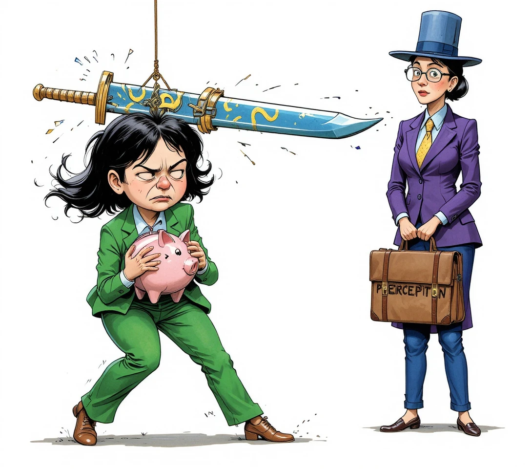 Donna cartoon che corre con un salvadanaio sotto una spada tremante
