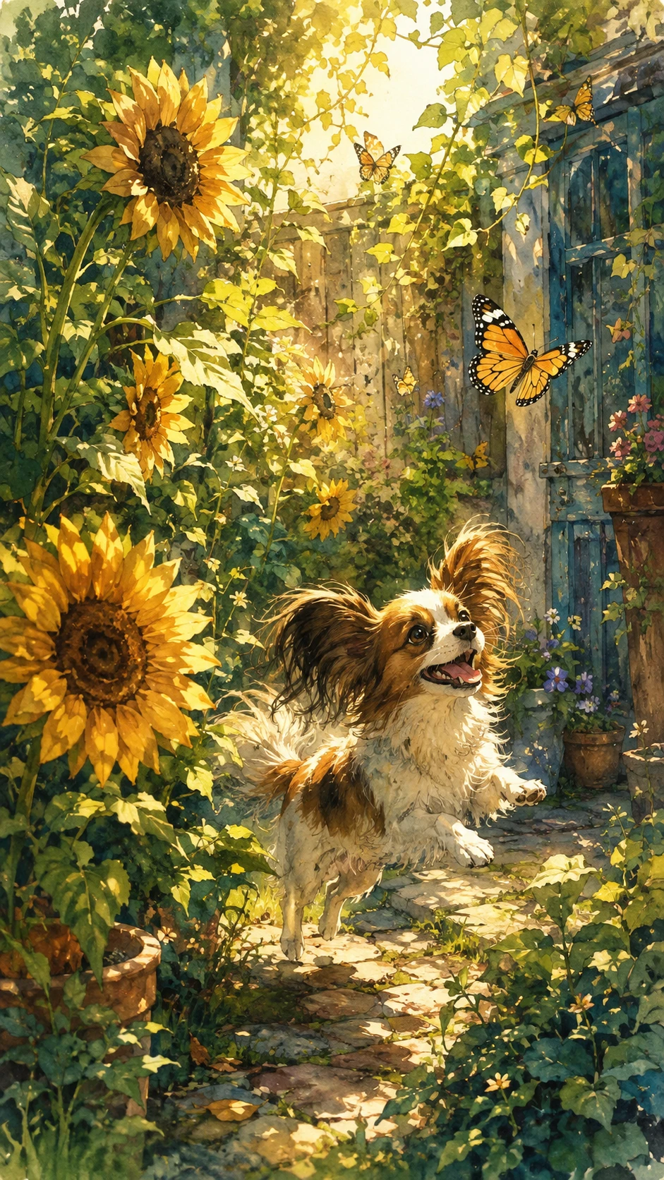 Verspielter Hund jagt Schmetterlinge in einer sonnendurchfluteten Gartenecke