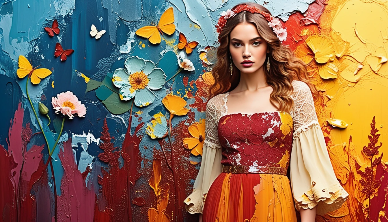 Bohemian fashion portrait against surreal floral fresco collage