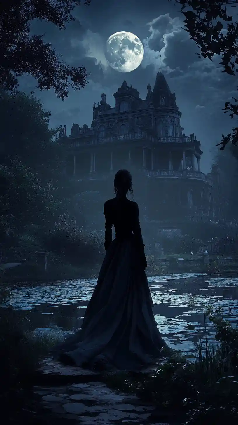 Lonely silhouette by a moonlit pond and old mansion garden