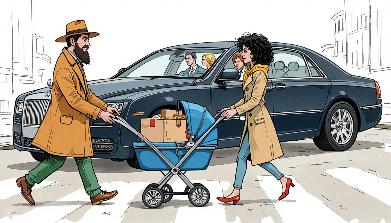 Casal satírico em desenho animado com carrinho de bebê e carro de luxo
