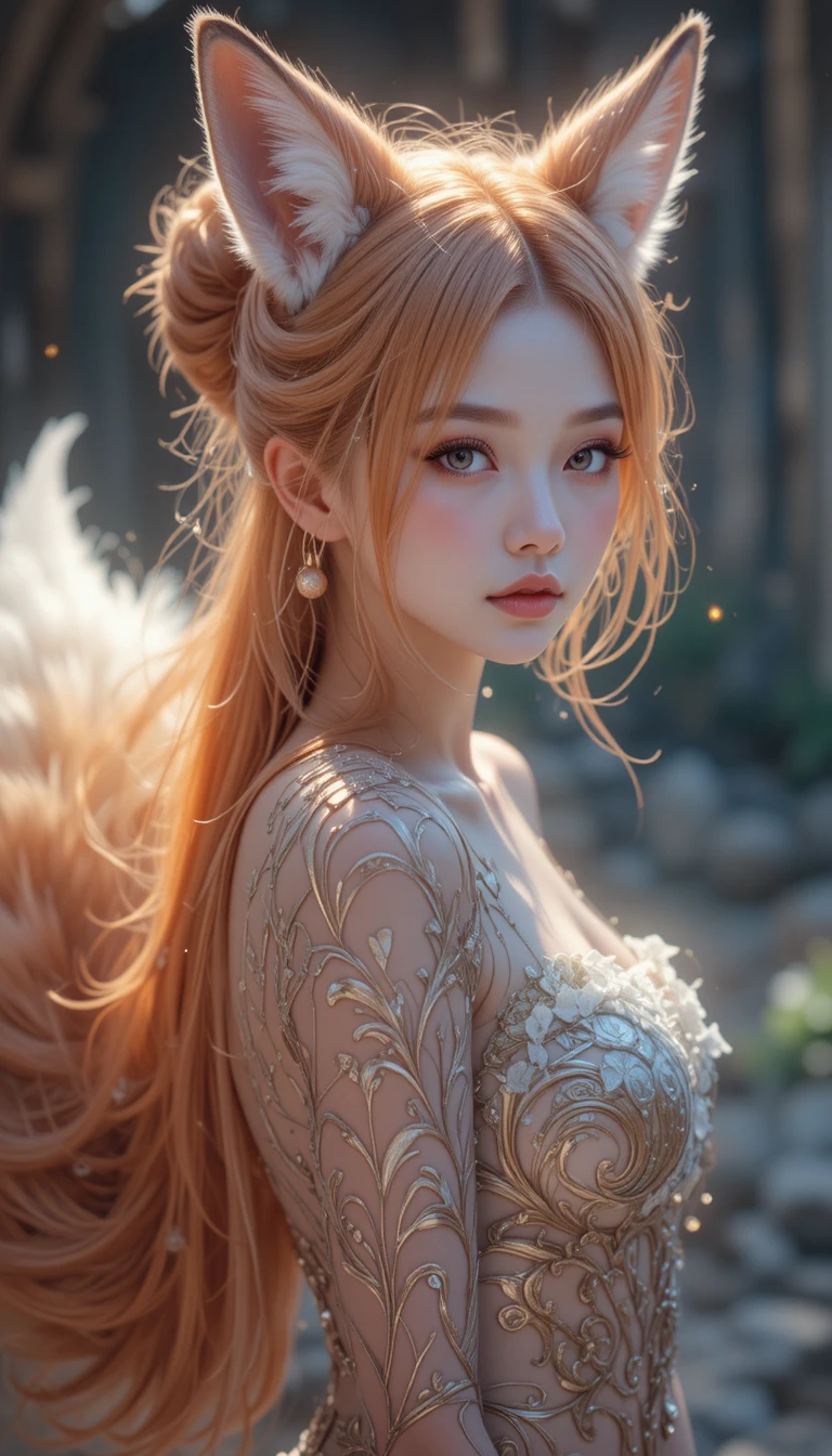 Graceful woman transforming into a mystical fox spirit