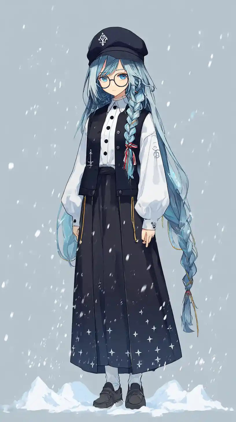 雪の中の幾何学的な冬の基地のそばに立つアニメ女性