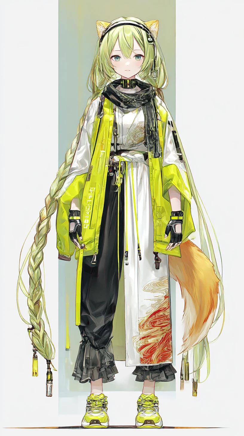 Ragazza anime futuristica con outfit al neon in una grande sala