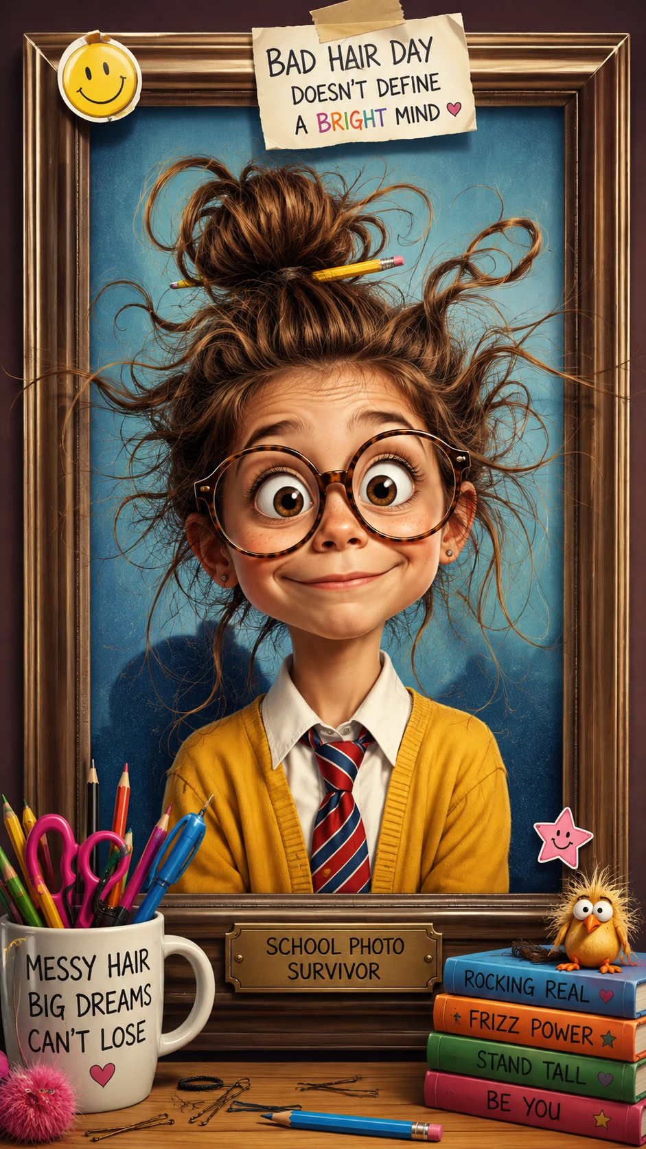 Cheerful girl portrait with a wildly messy bad hair day