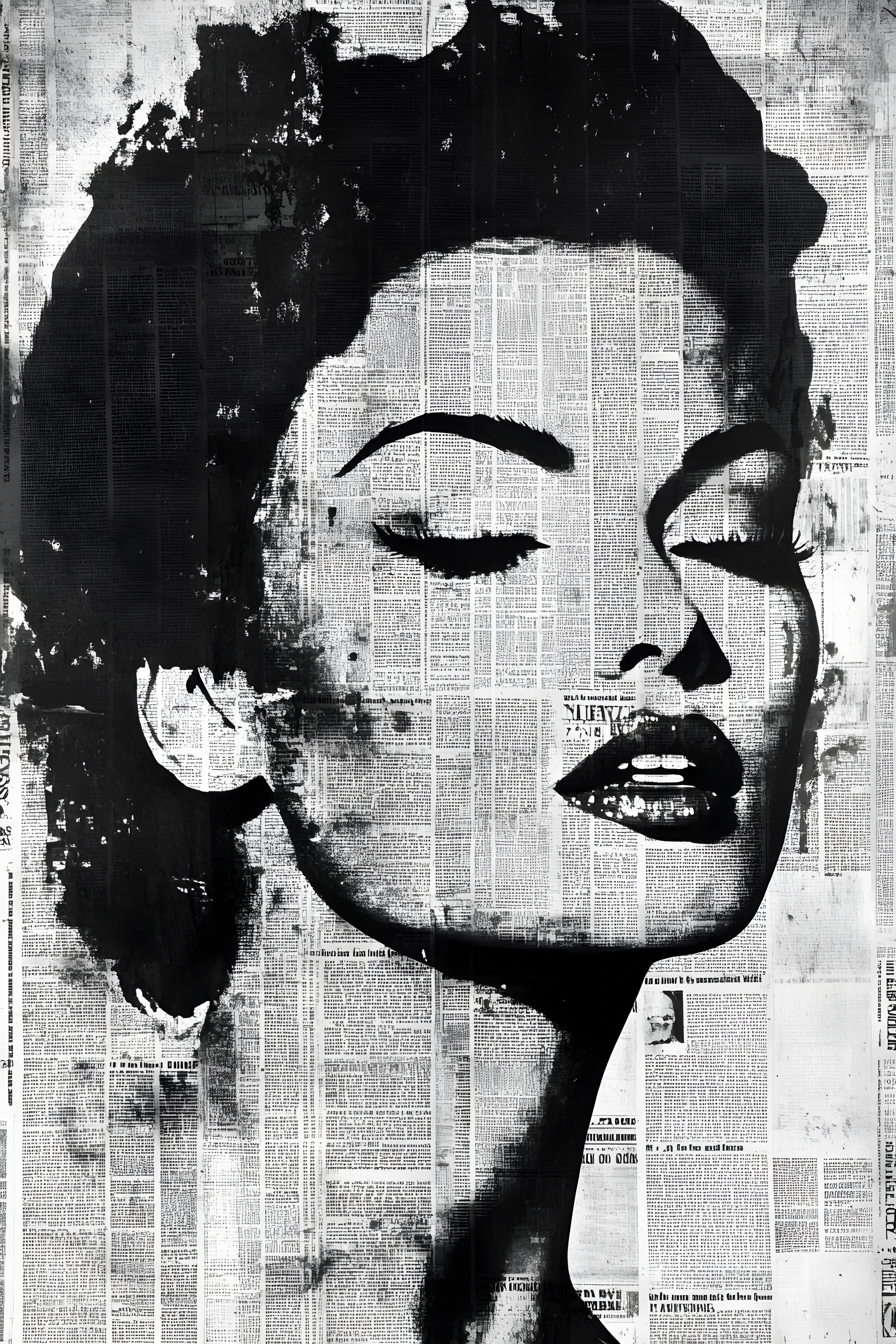 Black and white newspaper collage portrait of a stylish woman