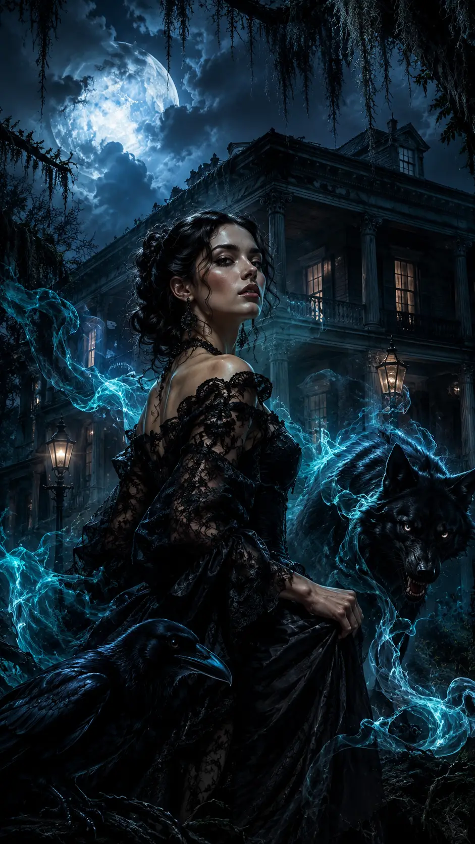 Creatura fantasy barocca oscura nel fumo gotico turbinante