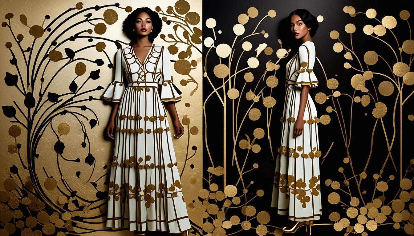 Boho-Modefrau neben türkisfarbener floraler Collagenwand