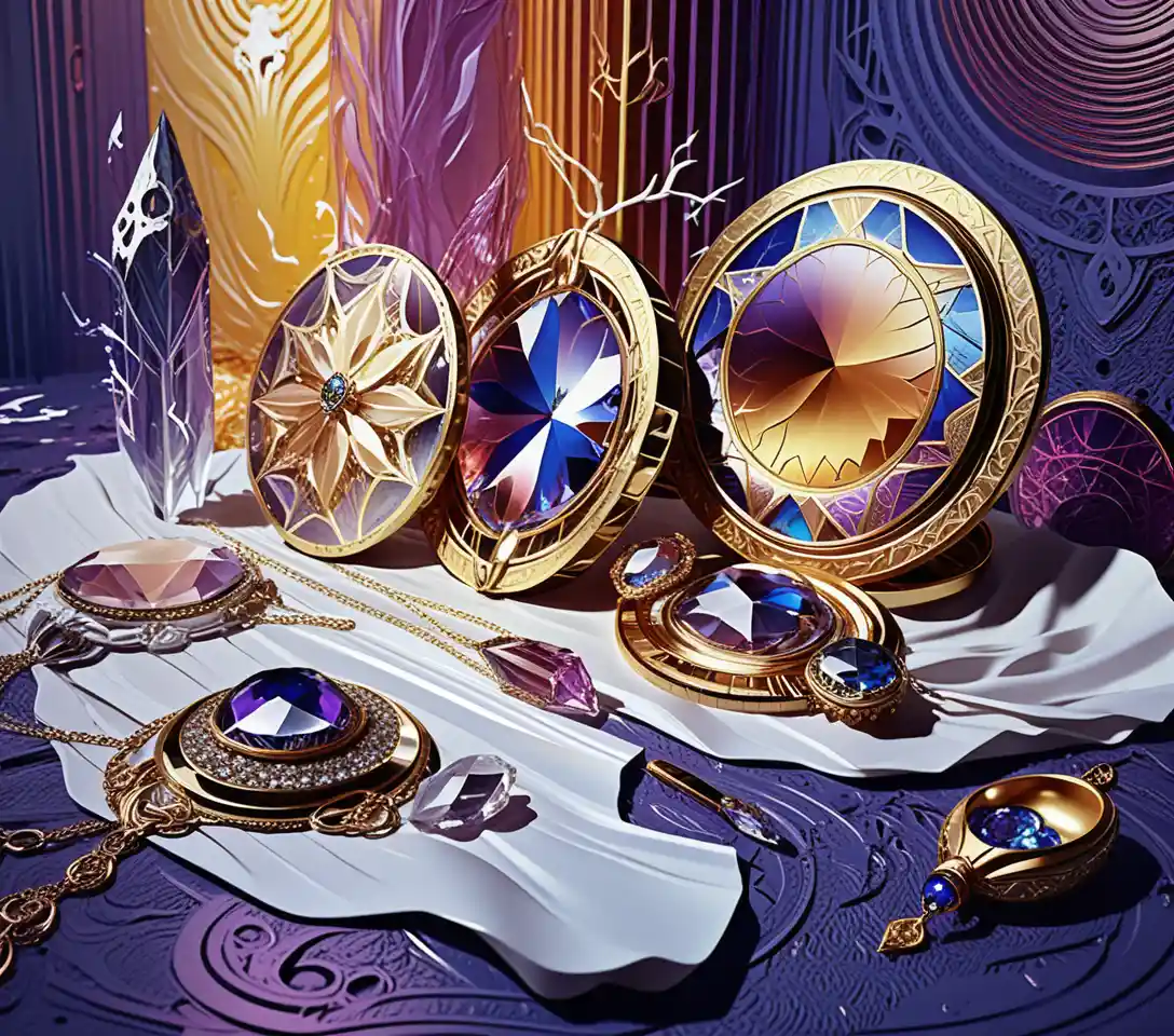 Opulent crystal jewelry display in a dark mystical gallery