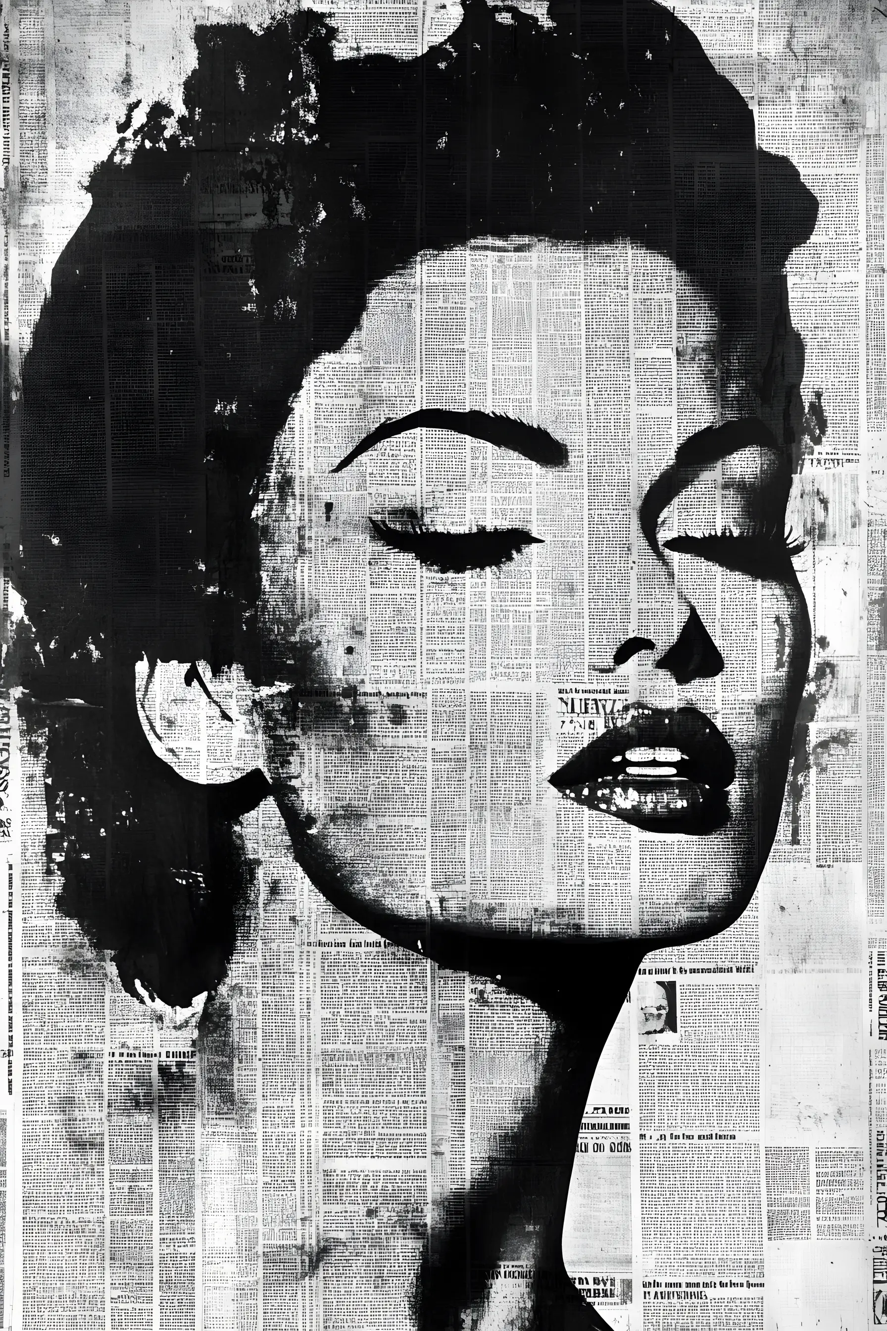 Black and white newspaper collage portrait of a stylish woman