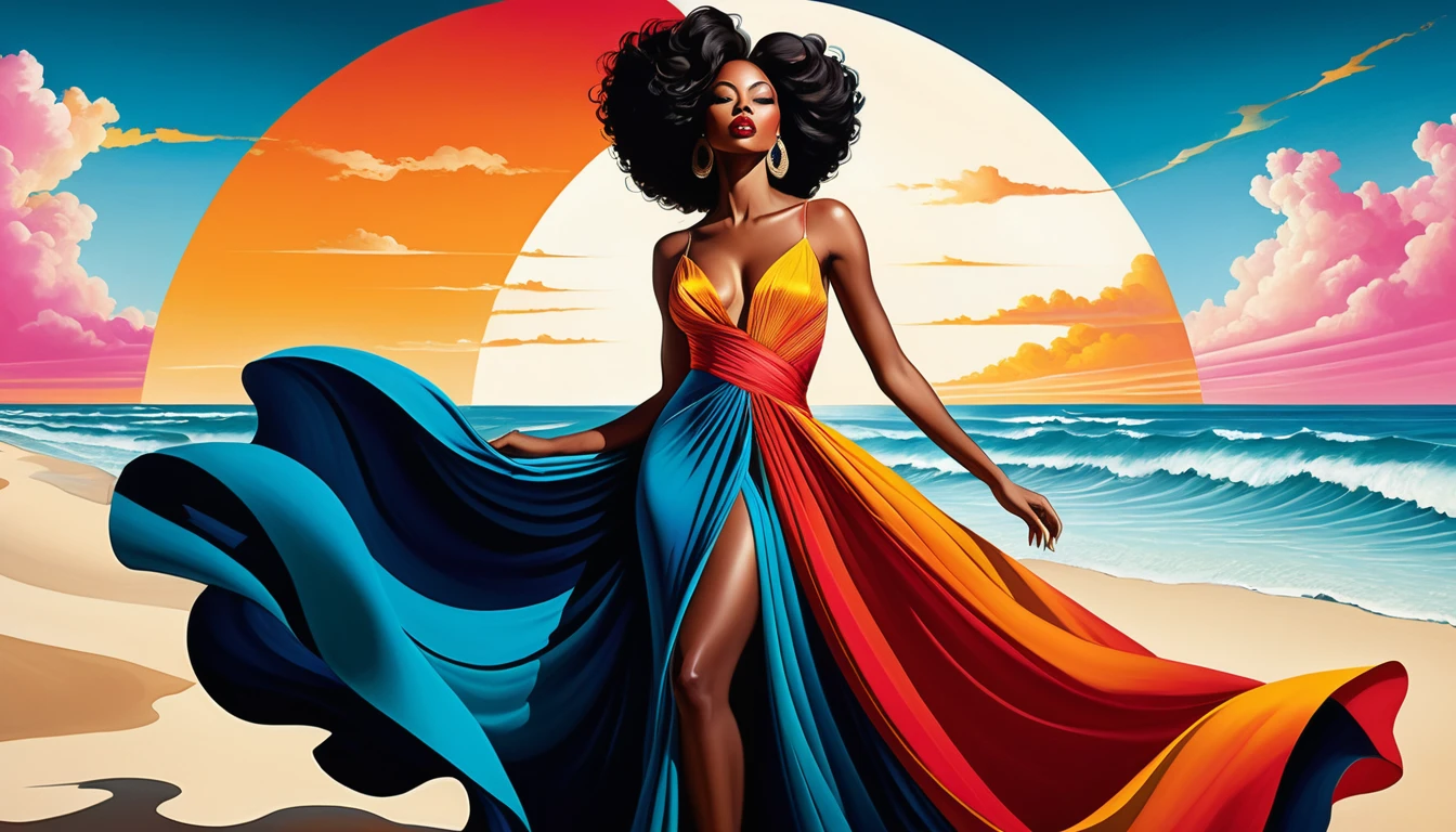 Surreal illustration of an elegant African American woman in gown