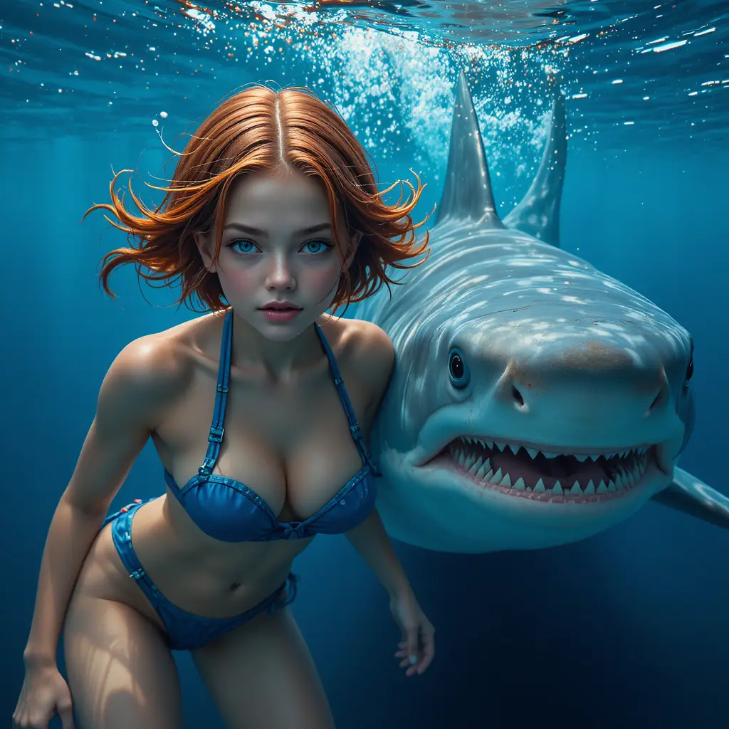 Young girl in mini bikini swimming with a shark