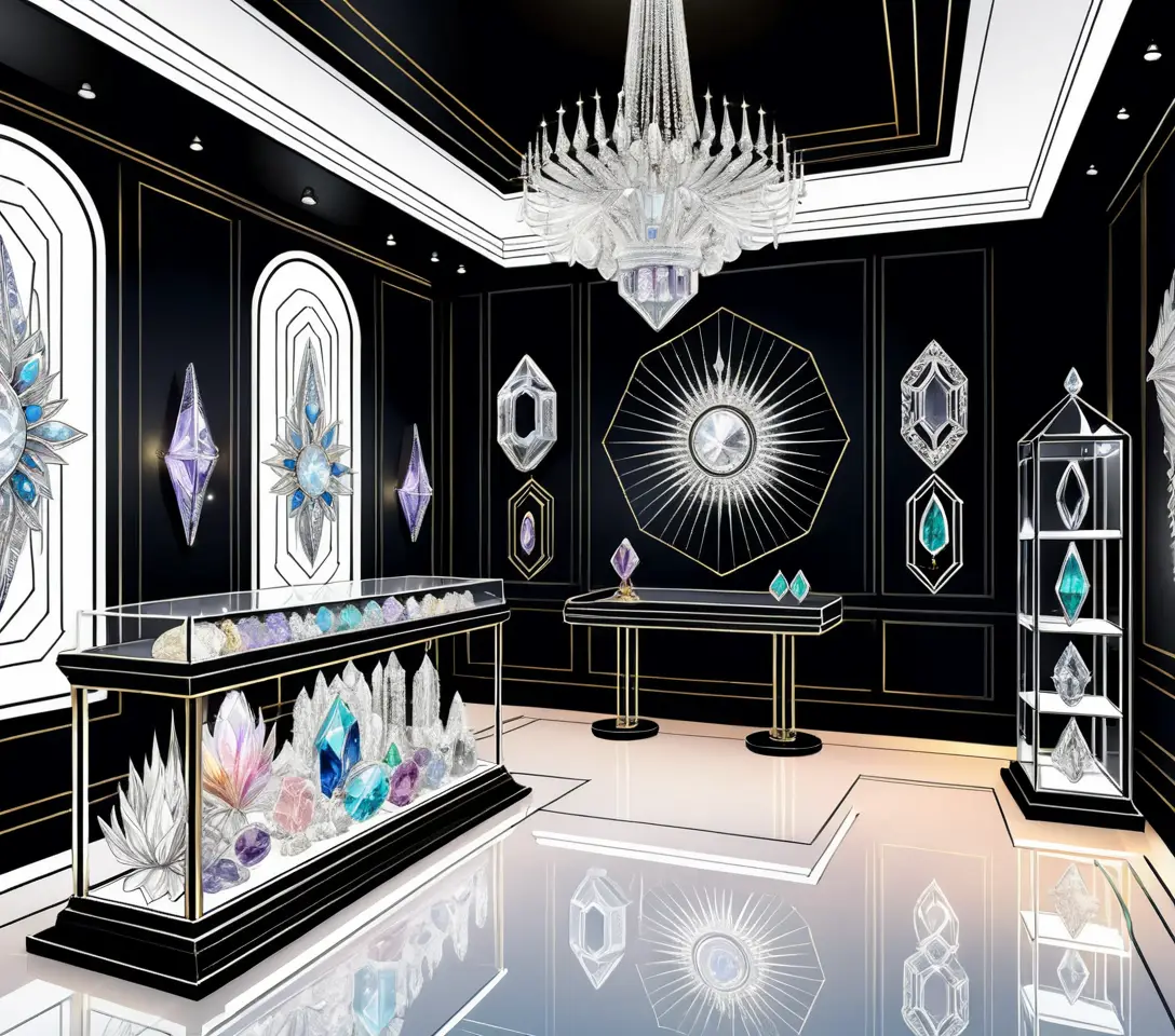 Mystical Crystal Jewelry Gallery In Sunlit Occult Interior