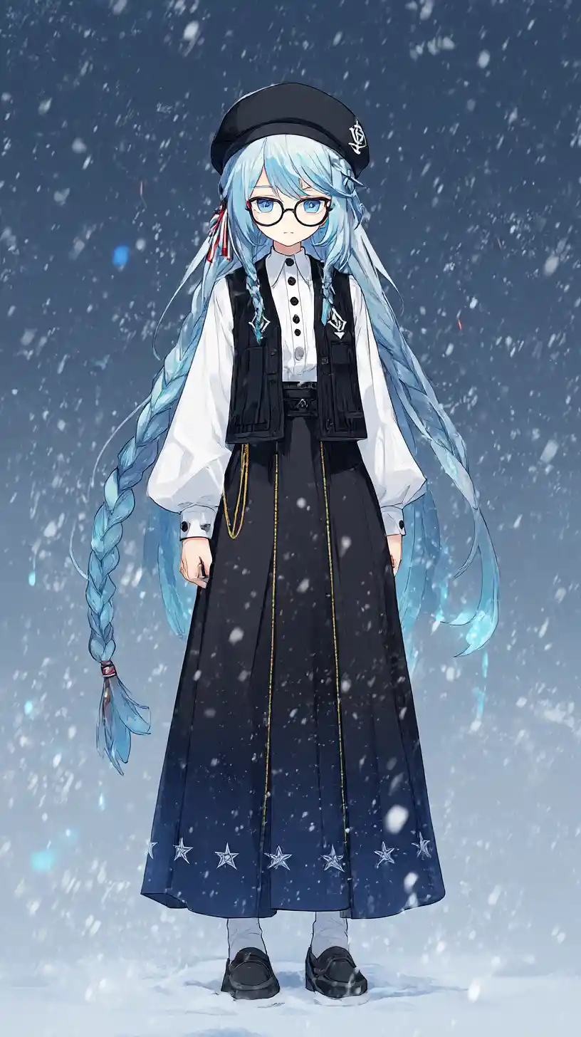 Mulher de anime em base de inverno geométrica nevada com luzes azuis