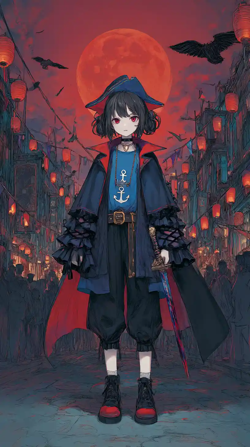 Chica de anime con espada en una calle de fantasía oscura