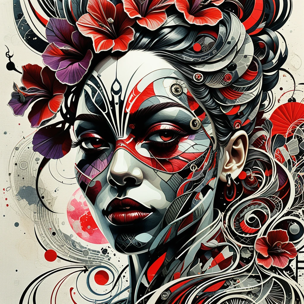 Surreal floral portrait with embroidered iris textile details