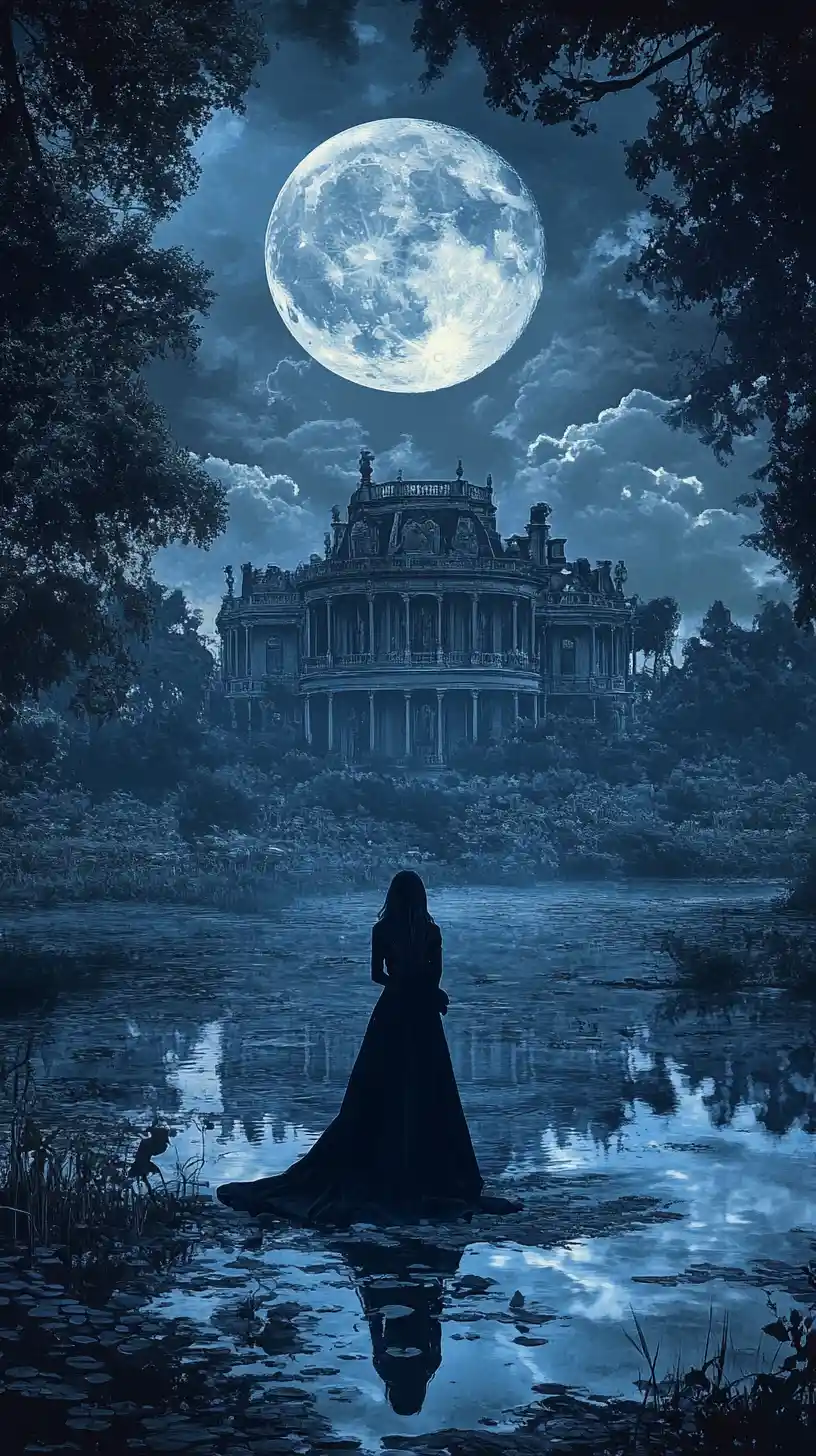 Silhouette By A Moonlit Pond Beside A Victorian Mansion