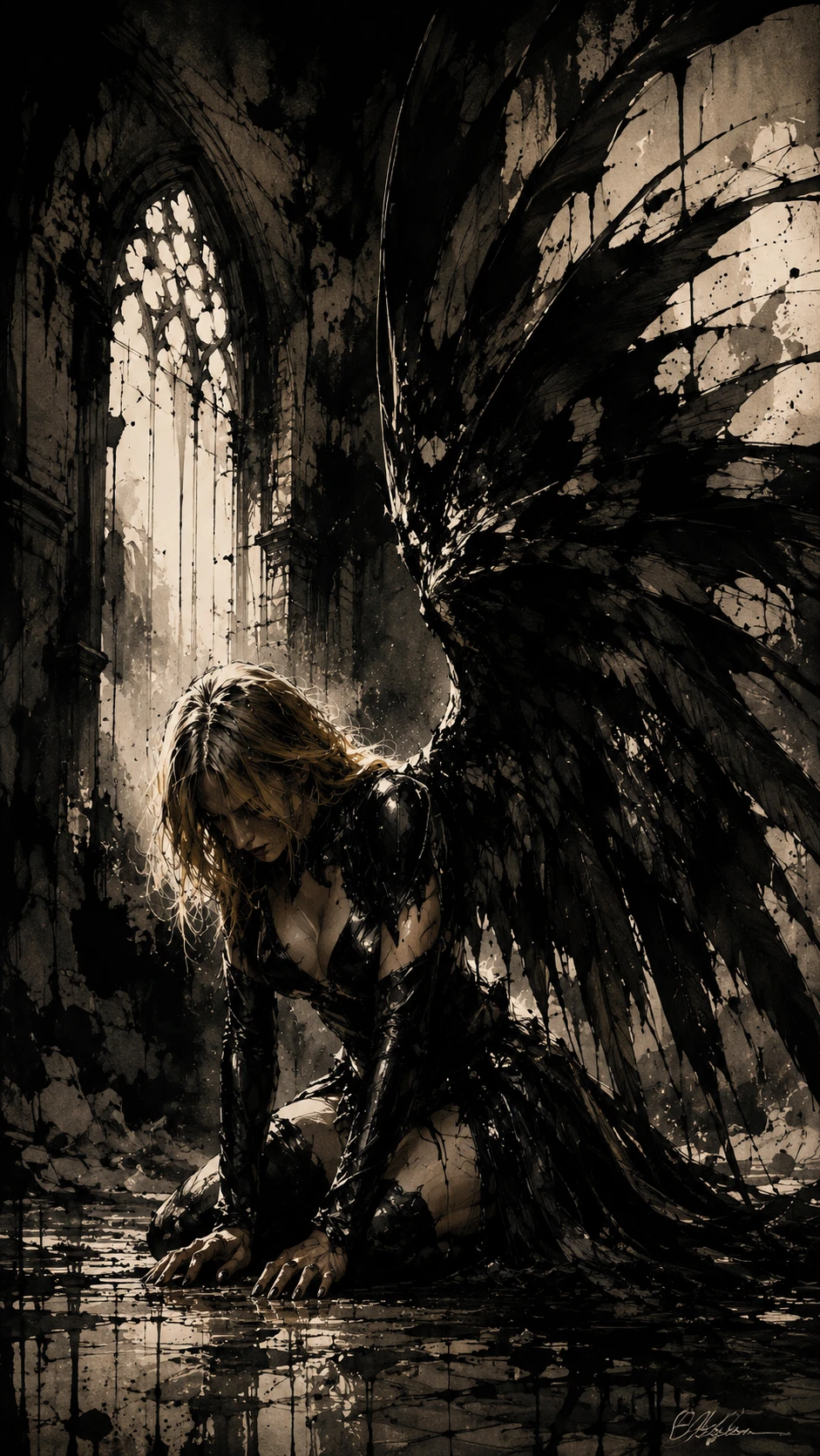 Angular ink drawing with dramatic distorted chiaroscuro forms