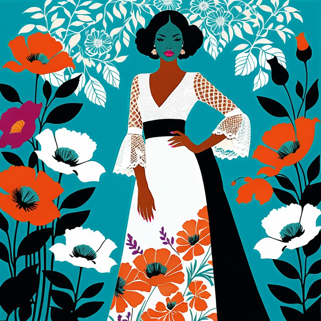 Mujer bohemia con vestido de encaje marfil frente a fresco floral