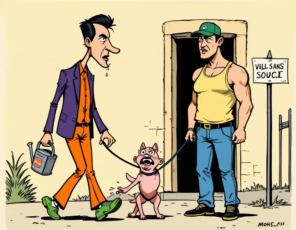 Comic scene of men walking a panicked pink dog