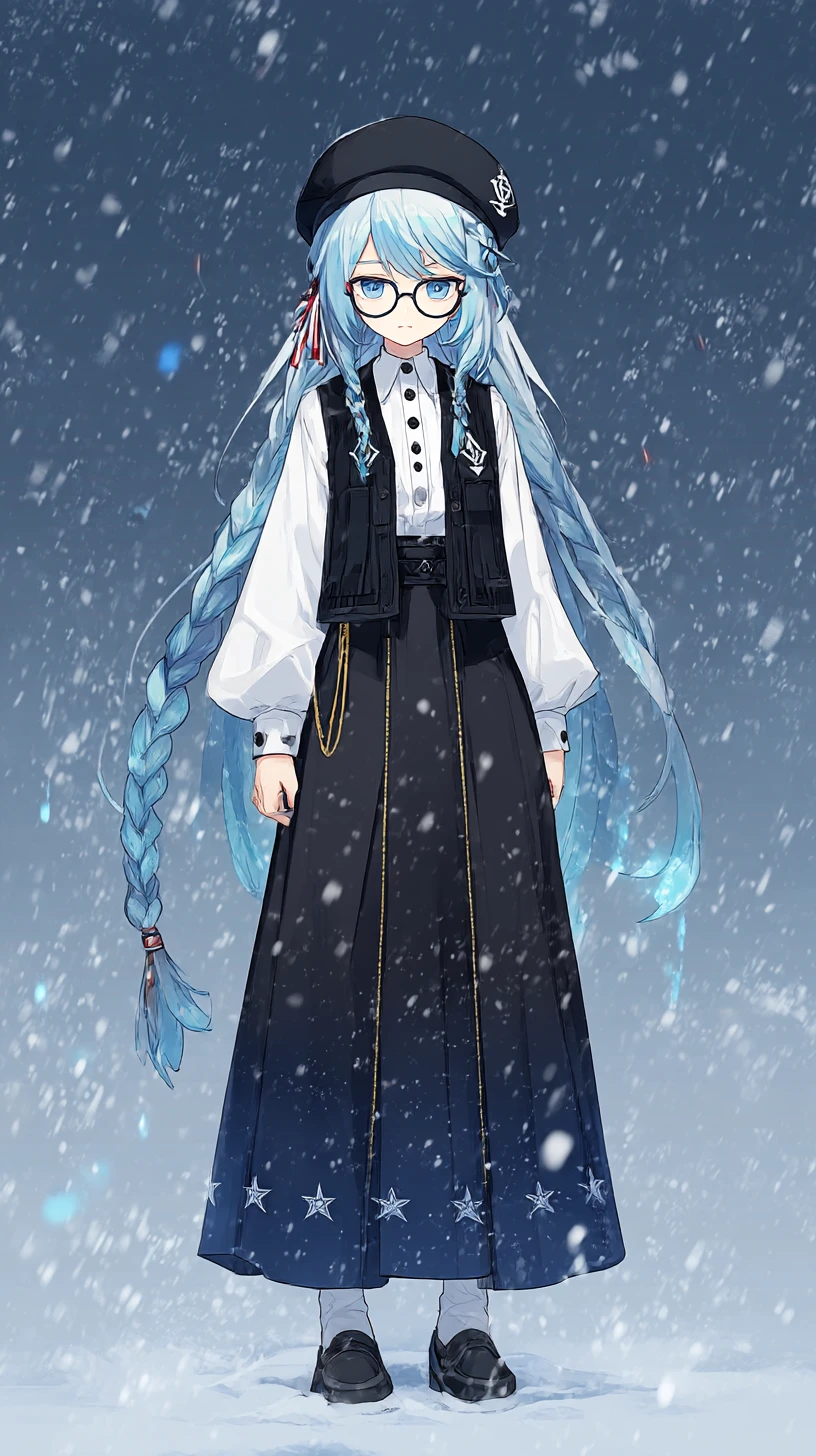 Mulher de anime em base de inverno geométrica nevada com luzes azuis