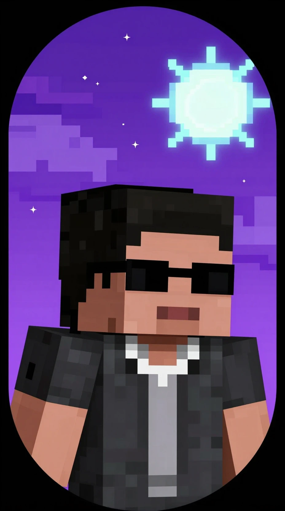Blocky gamer avatar in purple night sky circle logo