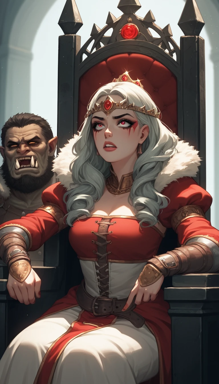 Rainha orc medieval em seu trono com olhar melancólico