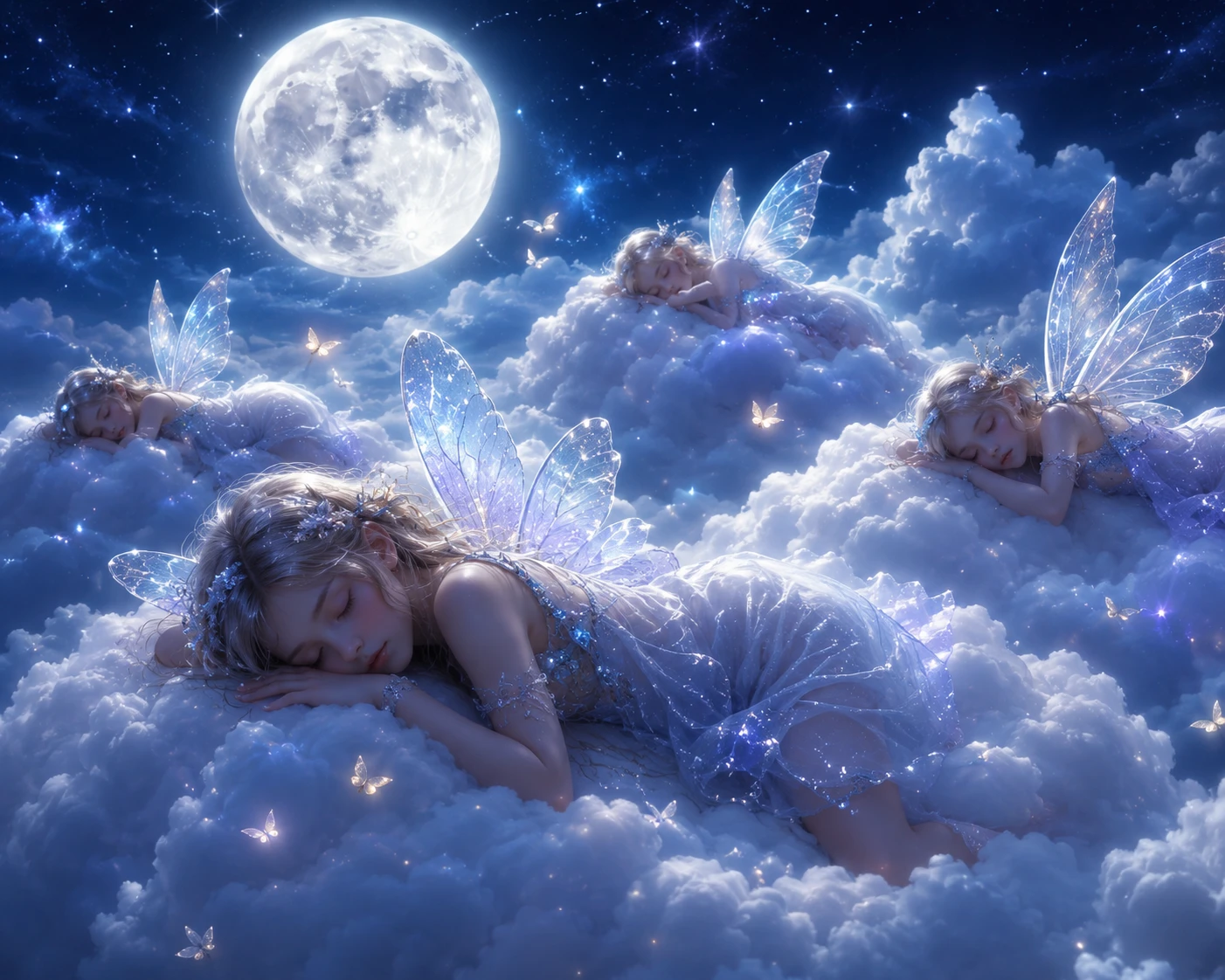 Sleeping fairies drifting on clouds beneath a glowing moon