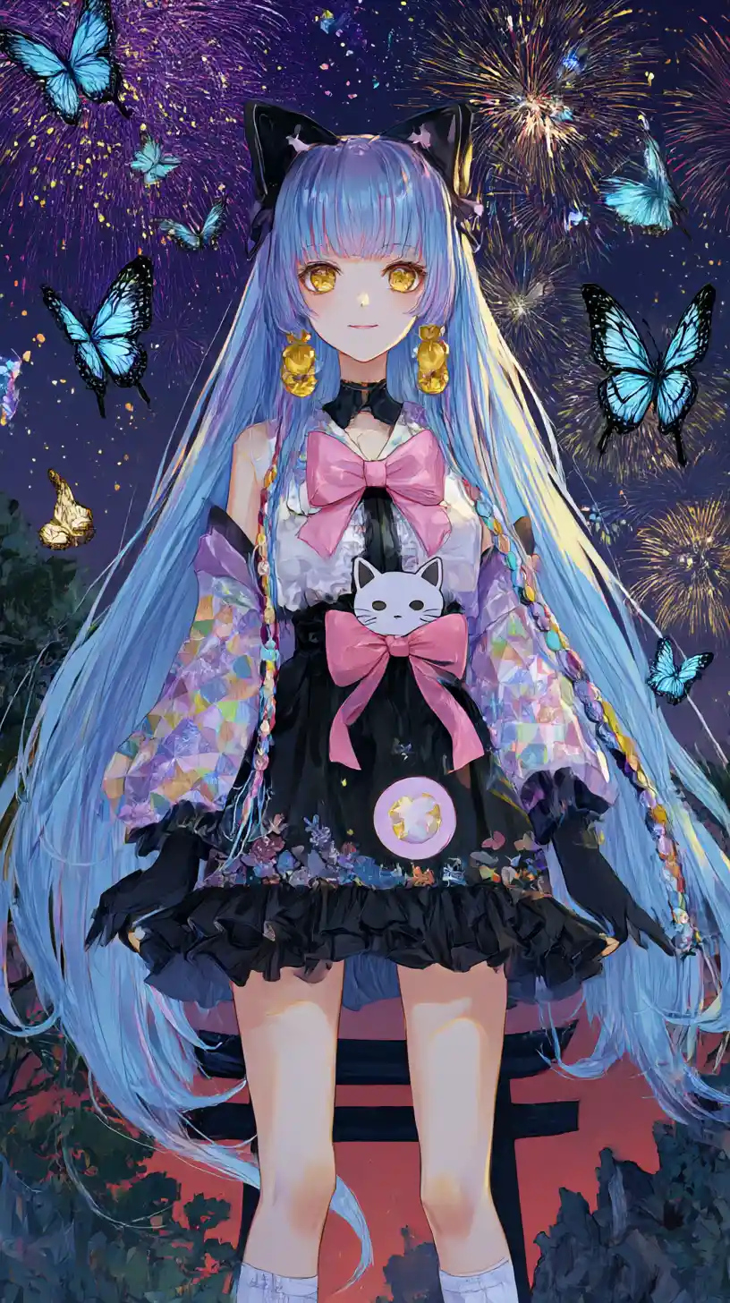 Chica de anime junto a un templo japonés bajo fuegos artificiales nocturnos