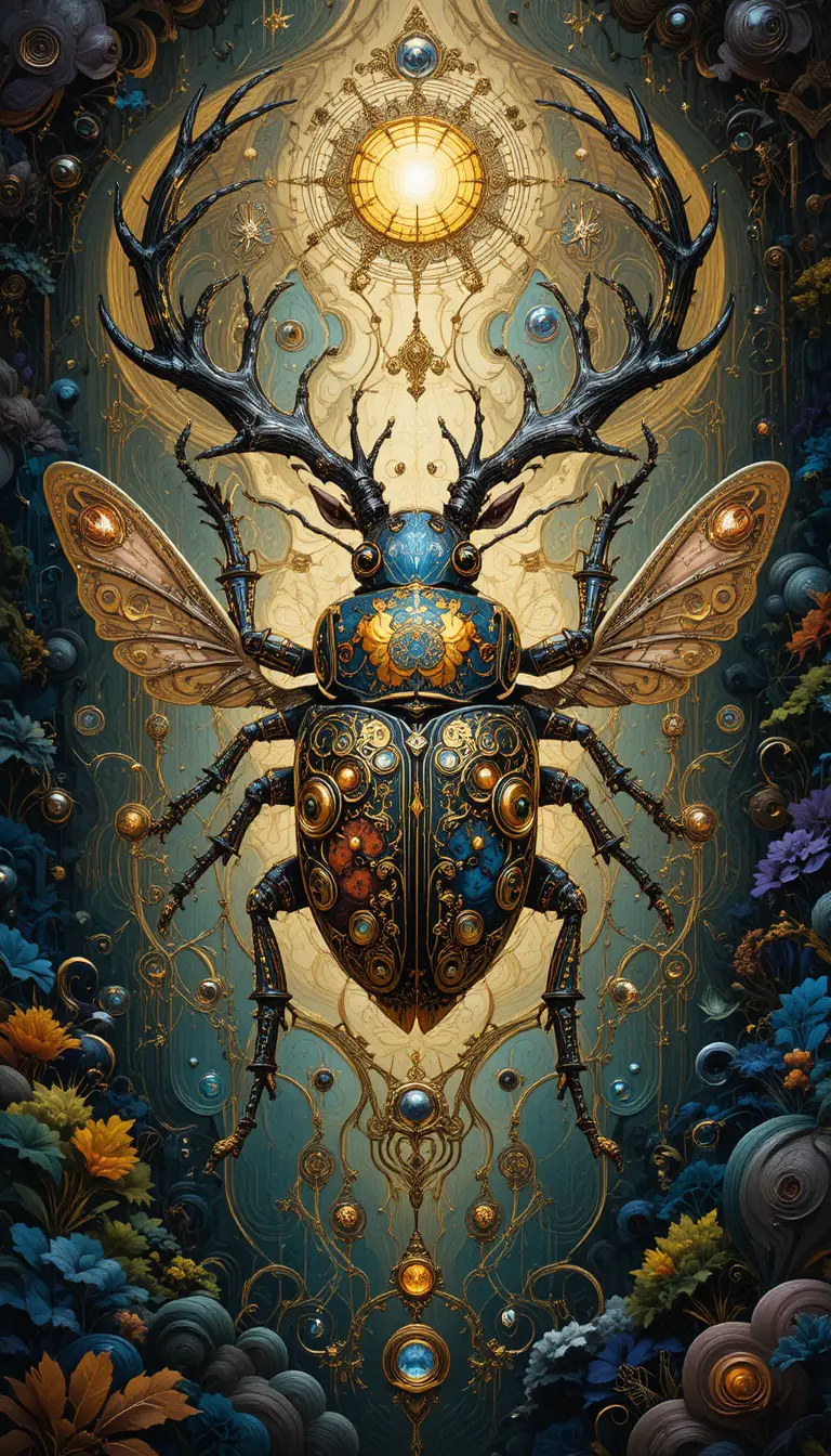 Mechanical stag beetle in ornate steampunk fantasy style