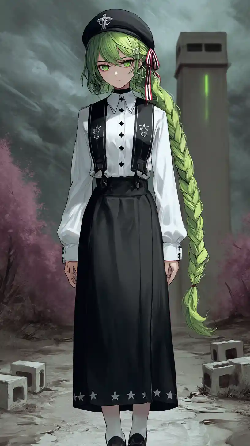 Ragazza anime dai capelli verdi con stelle in uniforme scura