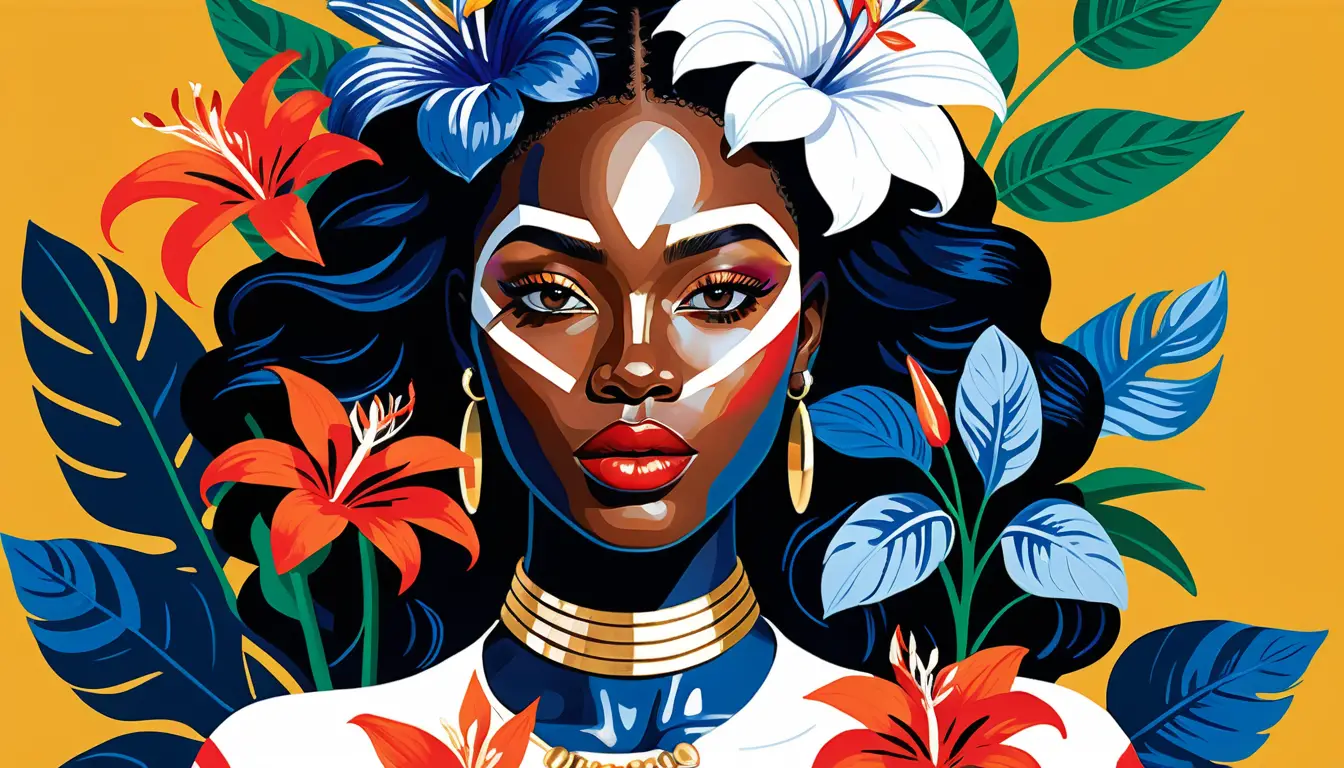 Close up portrait of a woman with tropical bouquet and gold jewelry