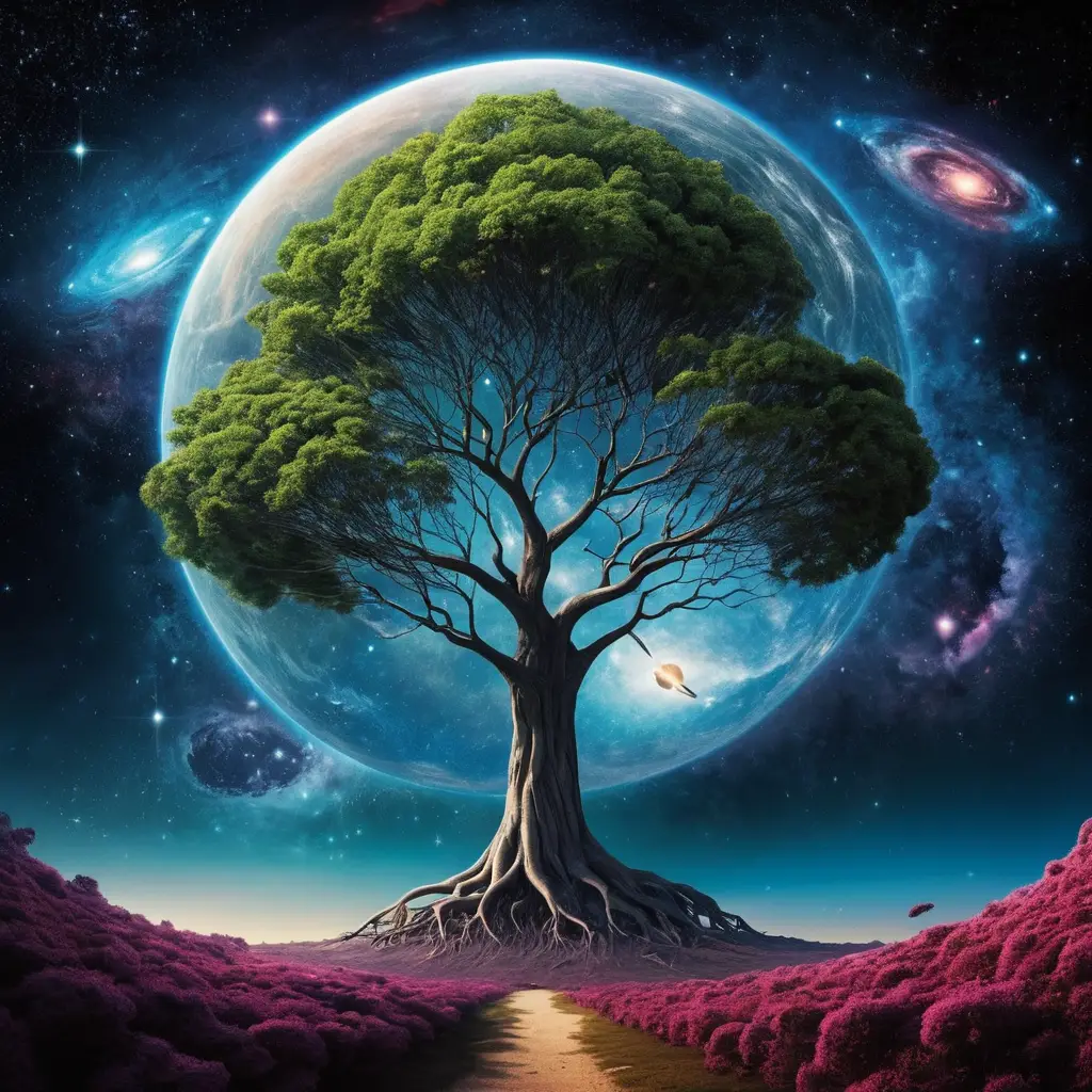 Branching cosmic tree symbolizing infinite quantum realities