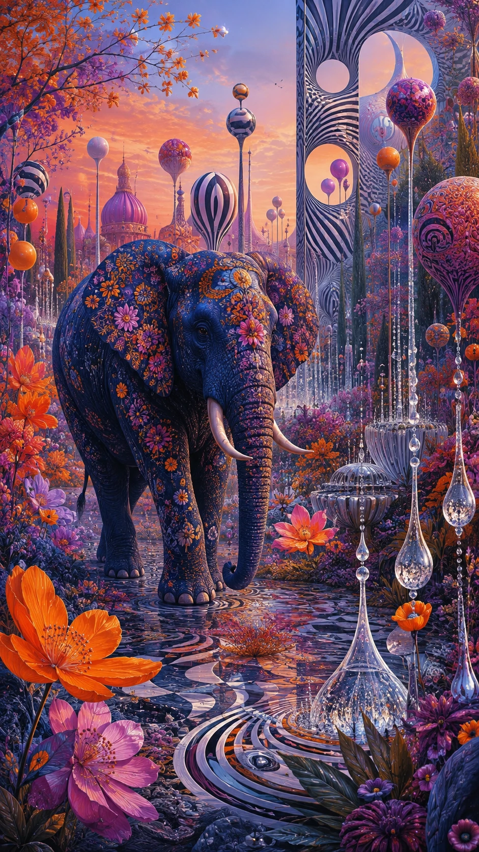 Elefante Blu Fantasioso in un Giardino di Fantasia Surreale