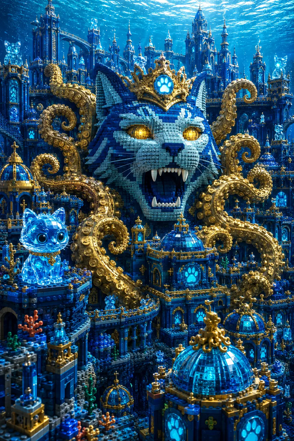 Underwater cat deity on plastic block atlantis ruins