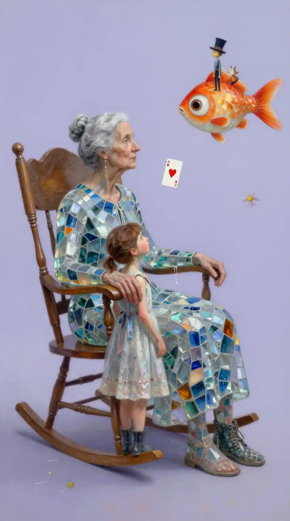 Mulher de vidro surreal em reflexo lavanda silencioso