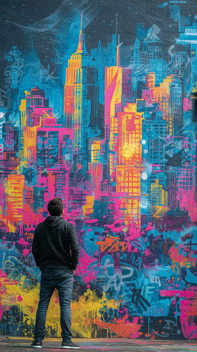 Colorful street art mural of a dynamic urban cityscape