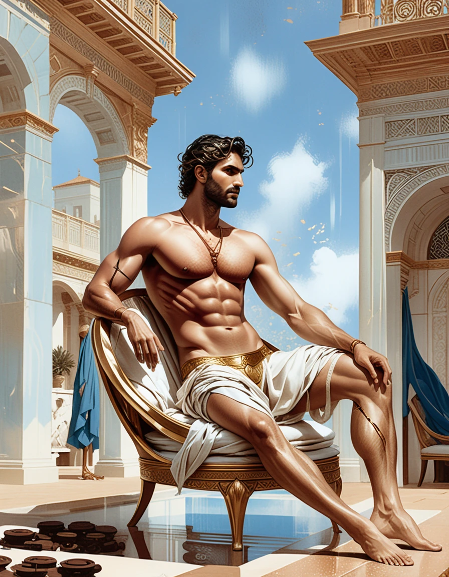Bronzed male figure lounging in a lavish roman courtyard