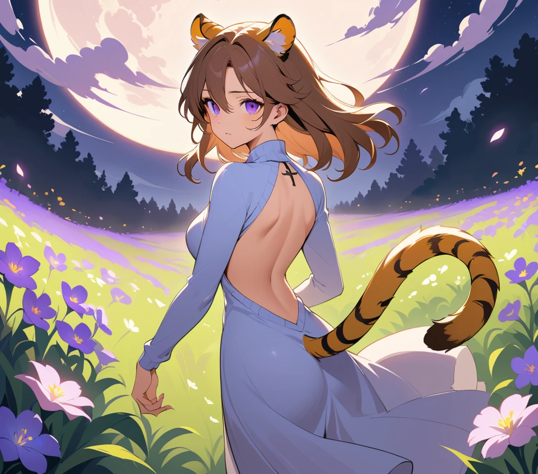 Tiger eared woman walking through a moonlit flower field