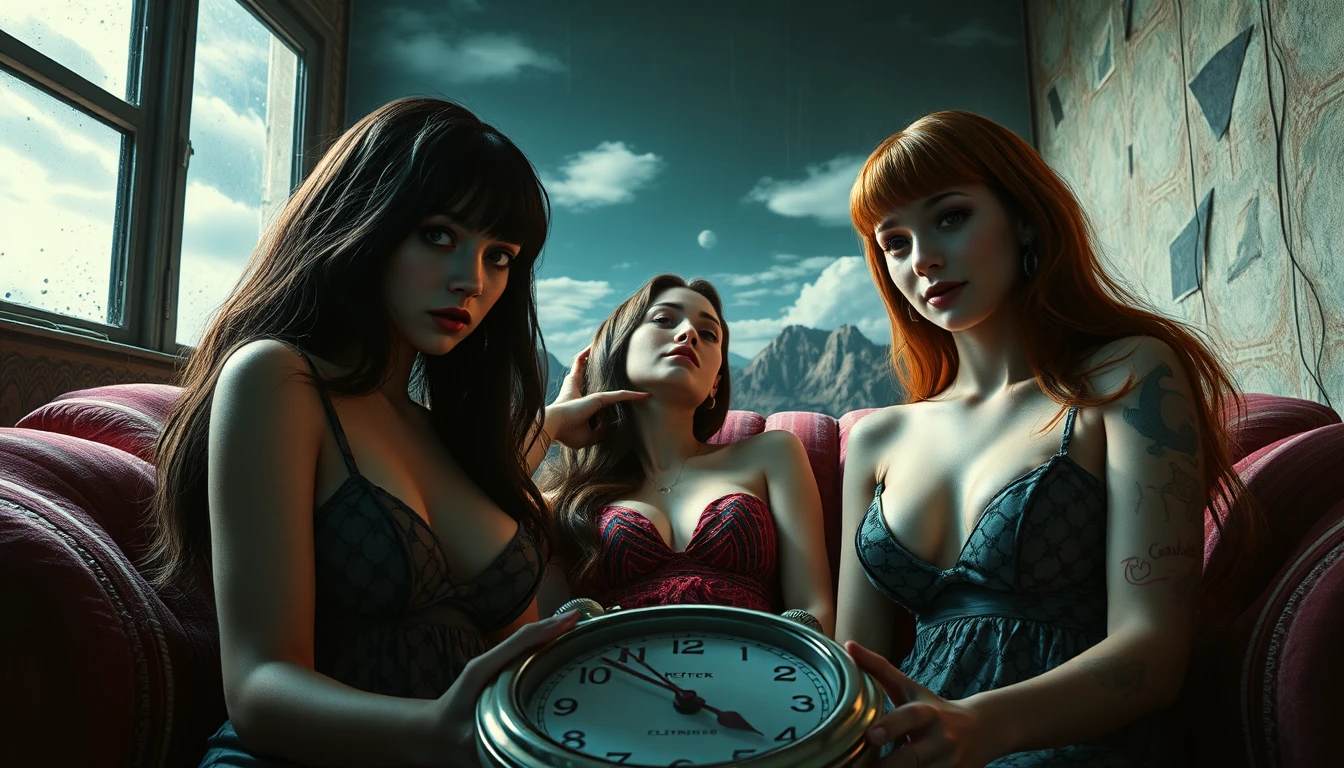 Drei Frauen in einem dunklen, surrealen Innenraum des komischen Verfalls