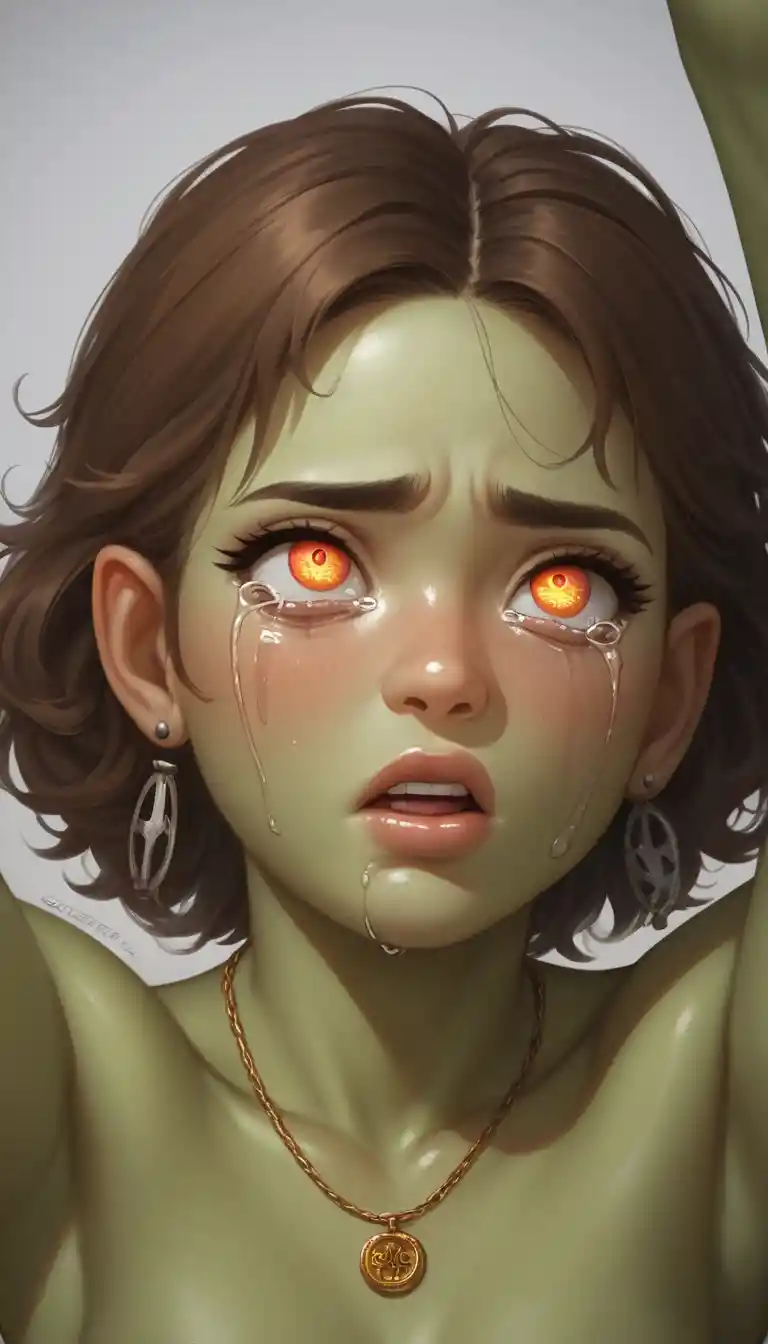 Primo piano di donna fantasy in stile anime con occhi tristi ed espressivi