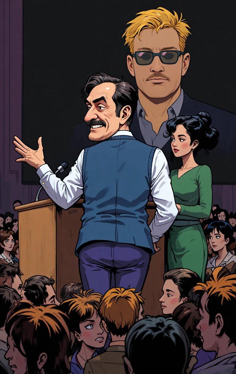 Relatore di conferenza in stile cartoon che si rivolge alla folla con grafica audace