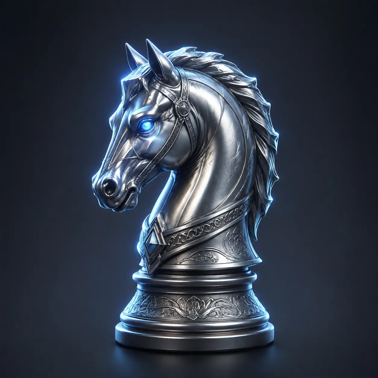 Cavalo de xadrez prateado com olho azul brilhante em fundo simples