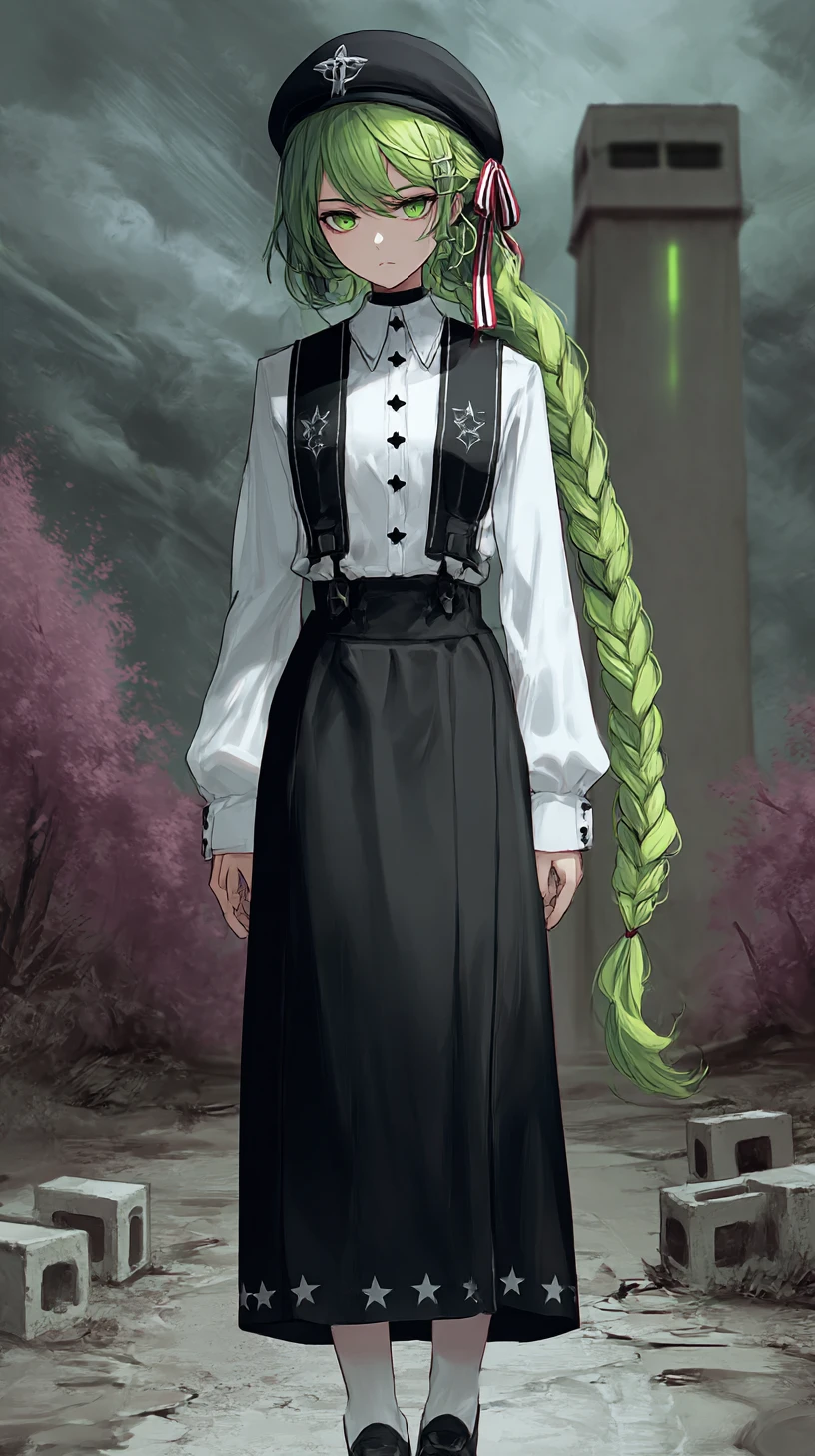 Ragazza anime dai capelli verdi con stelle in uniforme scura