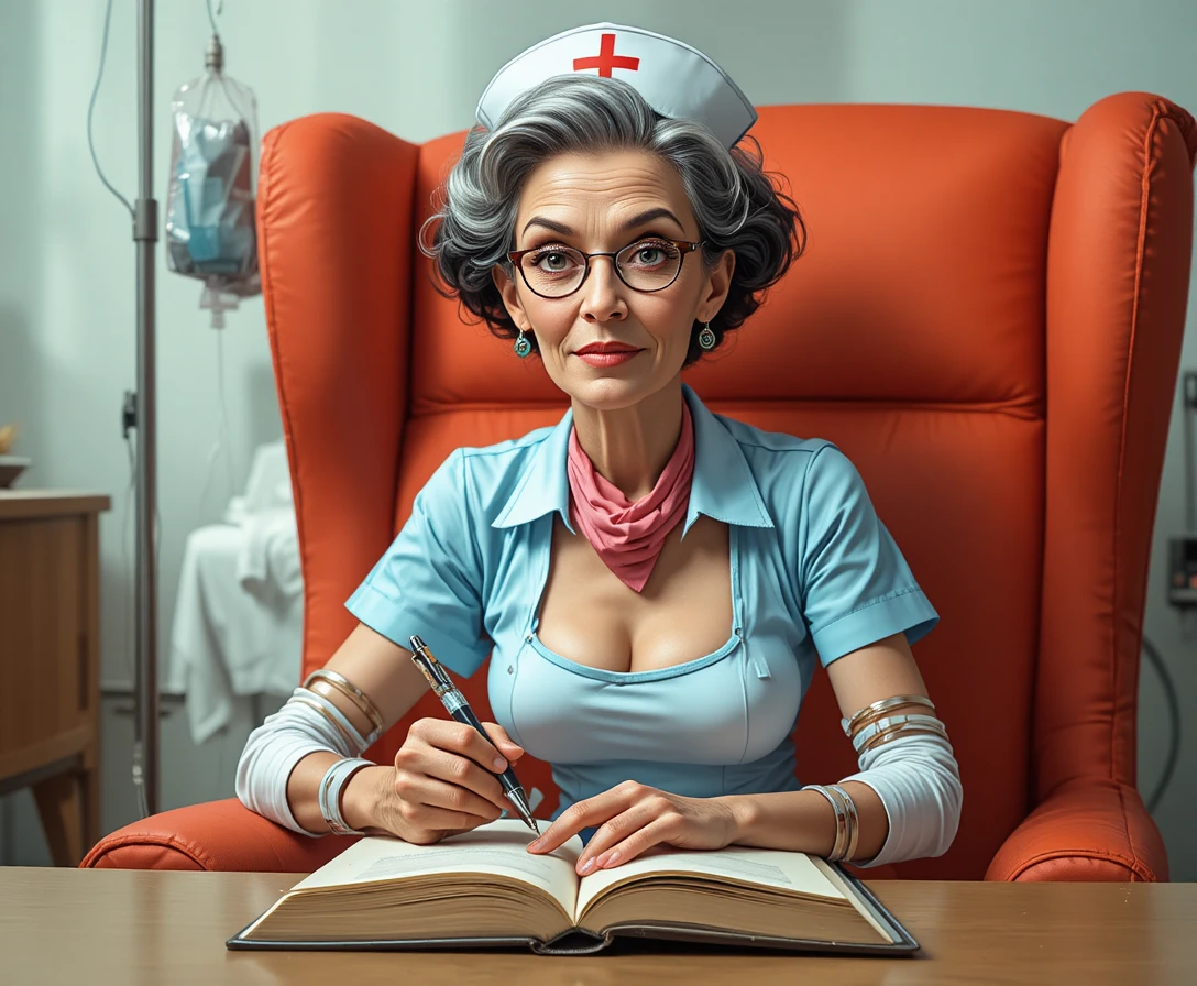 Elderly woman writing in chair with surreal medical drips