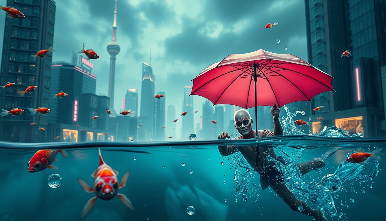 Surreal water hero with pink umbrella in neon city