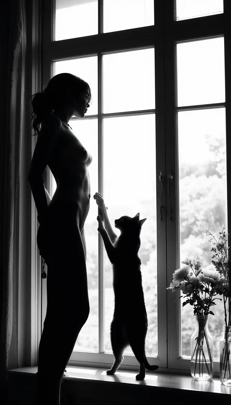 Silueta de una mujer junto a una ventana con un gato estirándose